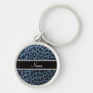 Custom name misty blue glitter leopard print key ring