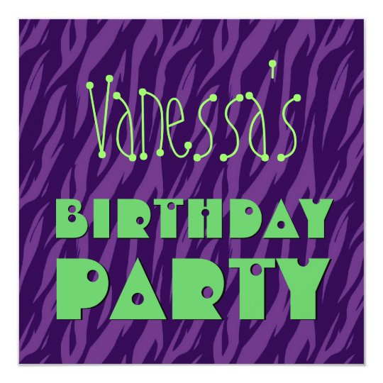 Custom Name Modern Birthday Purple Green Zebra Card