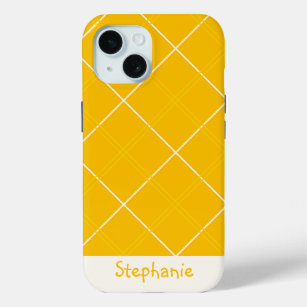 Custom Name Modern Classic Yellow White Plaid iPhone 15 Case