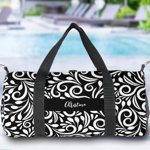 Custom Name Modern Floral Elegant Black & White Duffle Bag