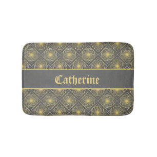 Custom Name Modern Geometric Pastel Gray & Yellow Bath Mat