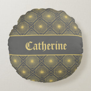 Custom Name Modern Geometric Pastel Grey & Yellow Round Cushion