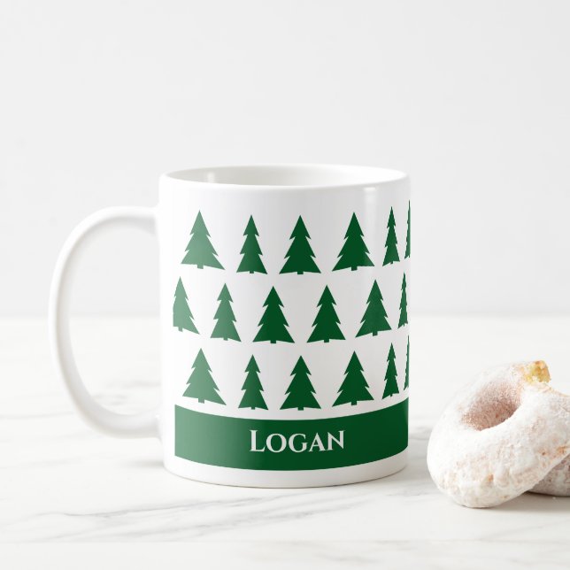 Custom Name Modern Green Tree Pattern Coffee Mug (With Donut)
