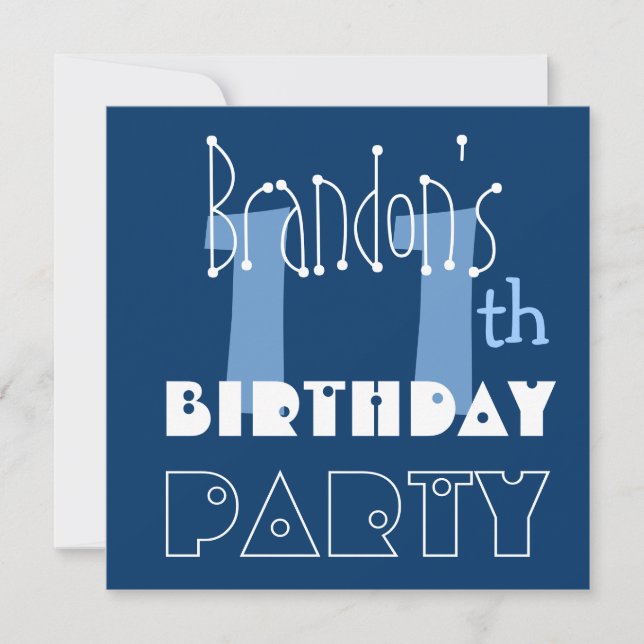 Custom Name Modern Kid's 11th Birthday Blue Invitation (Front)