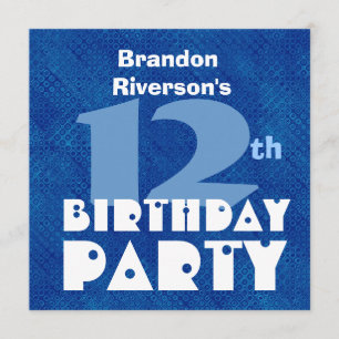 Custom Name Modern Kid's 12th Birthday Blue C358 Invitation
