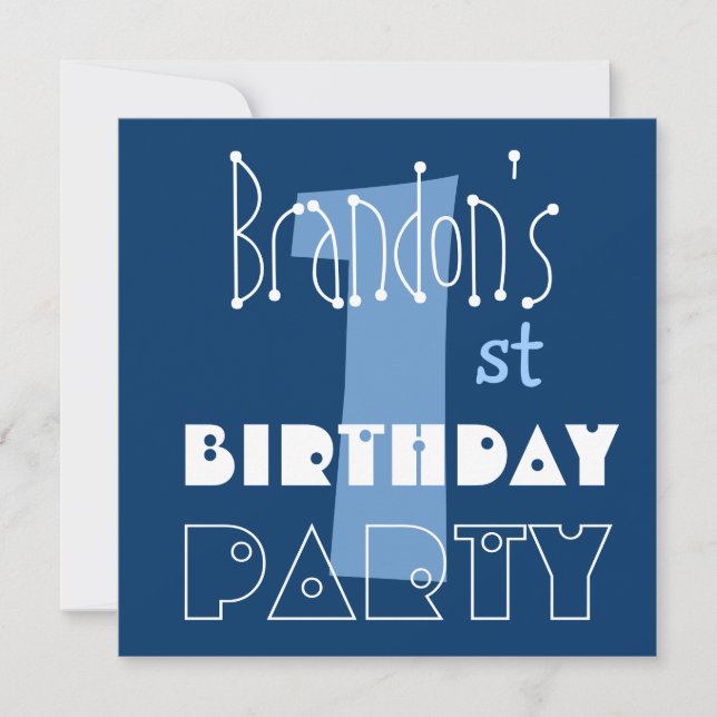Custom Name Modern Kid's 1st Birthday Blue Invitation (Front)