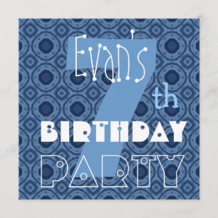 Custom Name Modern Kid's 7th Birthday Blue V7 Invitation