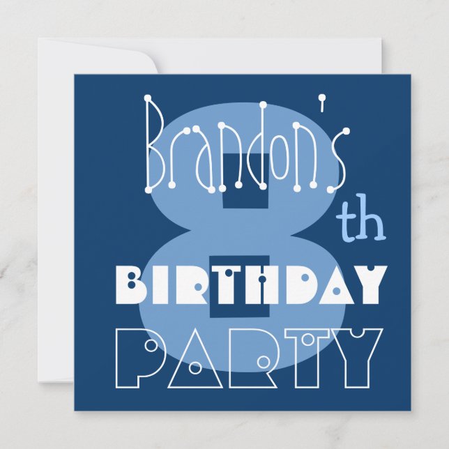 Custom Name Modern Kid's 8th Birthday Blue Invitation (Front)