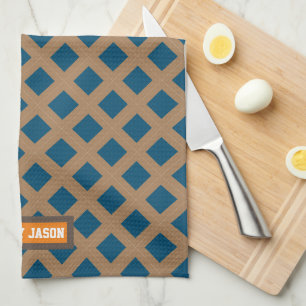 Custom name modern navy blue brown pattern elegant tea towel