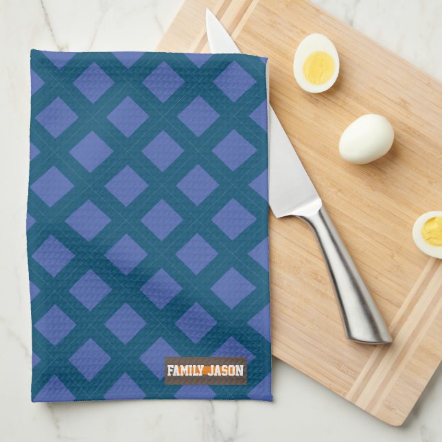 Custom name modern navy blue stylish diamonds cute tea towel (Quarter Fold)