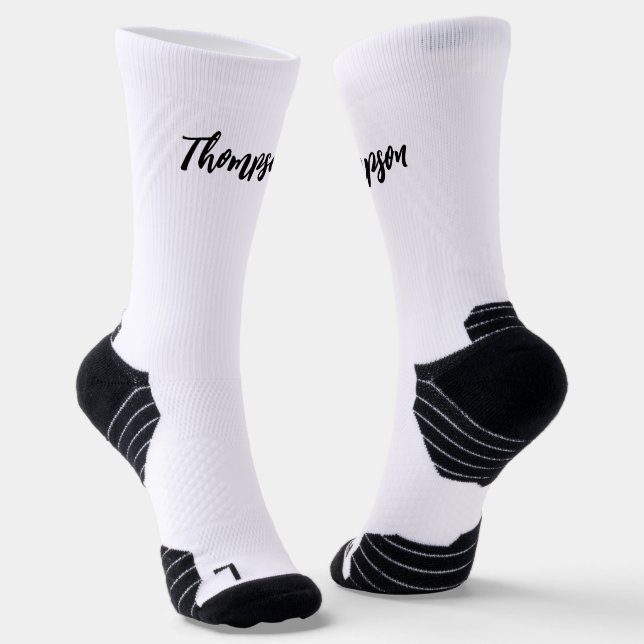 Custom name modern script novelty black and white socks (Angled)