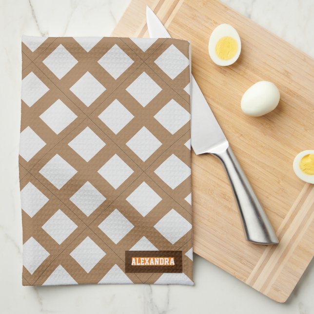 Custom name modern trendy pattern white brown chic tea towel (Quarter Fold)