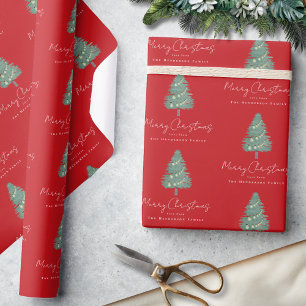 Custom Name Modern Watercolor Christmas Tree Red Wrapping Paper