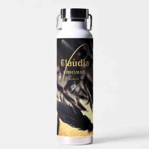 Custom Name Modern Wedding Black Golden Feather  Water Bottle