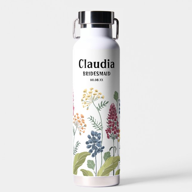 Custom Name Modern Wedding Field Flowers White Water Bottle (Front)