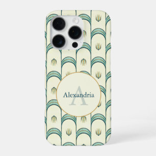 Custom Name & Monogram Art Deco Teal & Gold iPhone 16 Pro Case