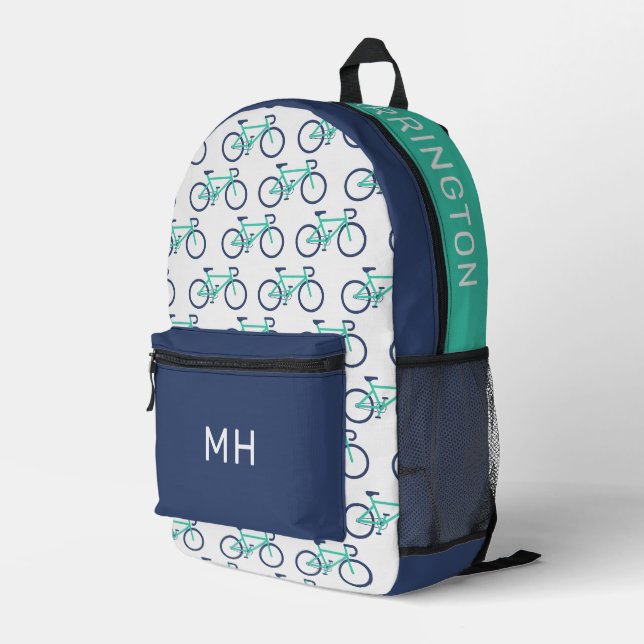 Custom Name & Monogram Bicycle Printed Backpack (Back Corner Right)