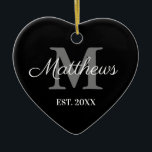 Custom name monogram black and white Christmas Ceramic Tree Decoration<br><div class="desc">Custom family name monogram black and white Christmas Ceramic Ornament. Monogrammed heart shape ornament. Romantic design for him or her, couple, boyfriend, girlfriend, couple, husband and wife, newly weds, co worker, parents, grandparents etc. Add your own personalized initials and date. Great for 1st Christmas together and other romantic moments. Upload...</div>