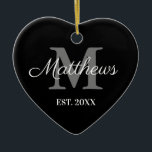Custom name monogram black and white Christmas Ceramic Tree Decoration<br><div class="desc">Custom family name monogram black and white Christmas Ceramic Ornament. Monogrammed heart shape ornament. Romantic design for him or her, couple, boyfriend, girlfriend, couple, husband and wife, newly weds, co worker, parents, grandparents etc. Add your own personalized initials and date. Great for 1st Christmas together and other romantic moments. Upload...</div>