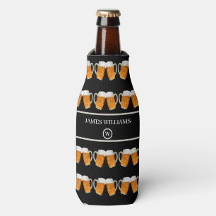 Custom Name & Monogram Black Beer Pattern Can Cool Bottle Cooler