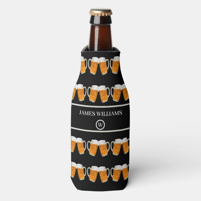 Custom Name & Monogram Black Beer Pattern Can Cool Bottle Cooler (Bottle Front)