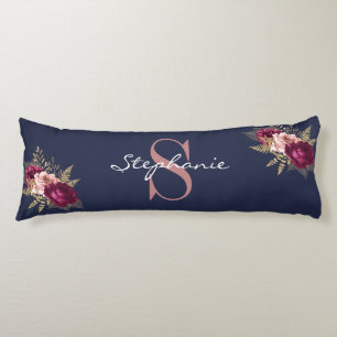 Custom Name Monogram Blue Burgundy Pink Floral Body Cushion