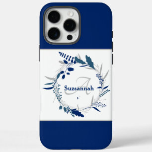 Custom Name Monogram Blue Floral Wreath iPhone 16 Pro Max Case