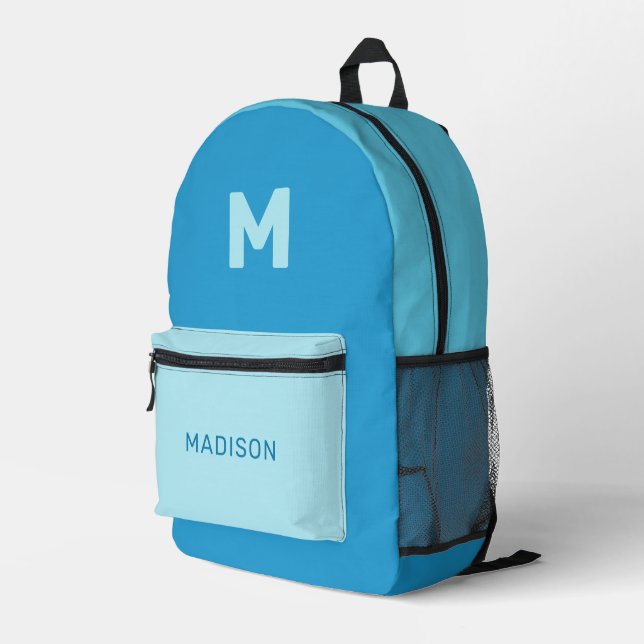 Custom Name & Monogram Blue Printed Backpack (Back Corner Right)