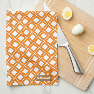 Custom name monogram chequered white orange tea towel