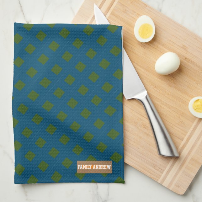 Custom name monogram diamonds navy blue green chic tea towel (Quarter Fold)