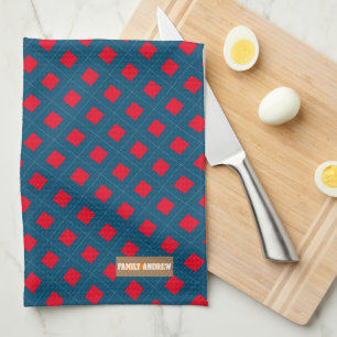 Custom name monogram diamonds navy blue red tea towel
