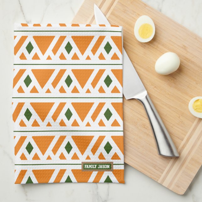 Custom name monogram diamonds orange green stylish tea towel (Quarter Fold)