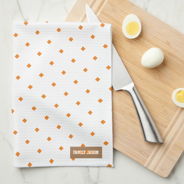 Custom name monogram diamonds pattern white orange tea towel (Quarter Fold)