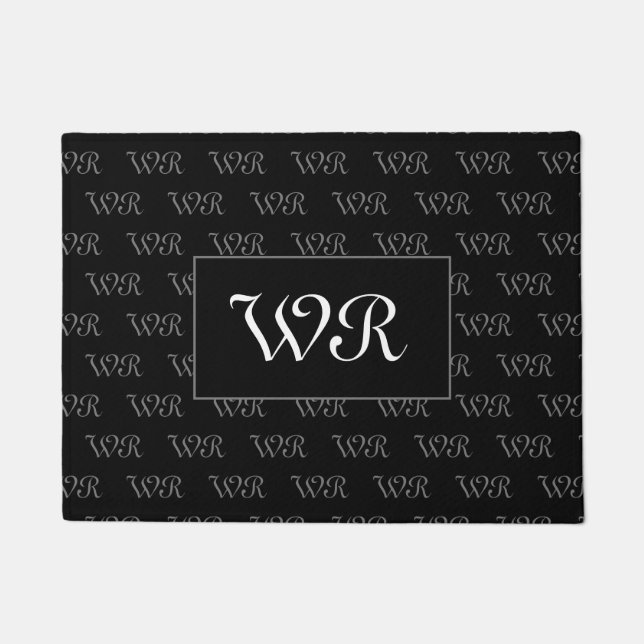 Custom name monogram elegant black welcome doormat (Front)