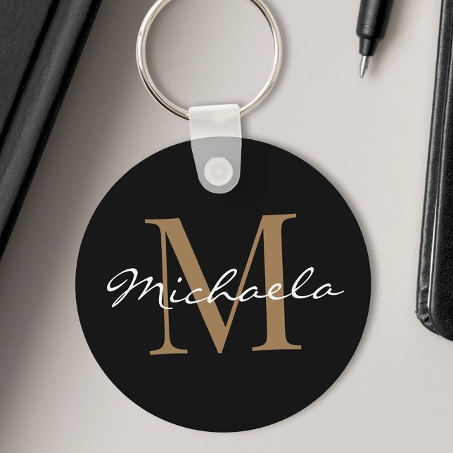 Custom Name Monogram Glamourous Script Black Key Ring (Creator Uploaded)