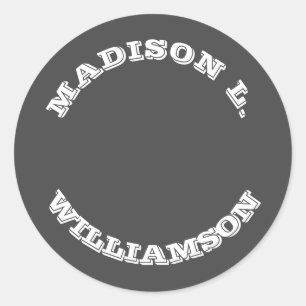 Custom Name monogram grey white curved letters Classic Round Sticker