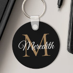 Custom Name Monogram Handwriting Script Black Key Ring<br><div class="desc">Create your own personalized black round key chain with your custom elegant handwritten script name and monogram.</div>