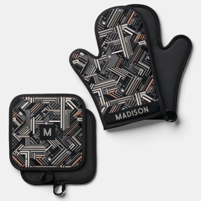 Custom Name & Monogram Industrial Pattern Oven Mitt & Pot Holder Set (Front/Back)