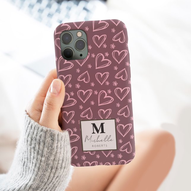 Custom Name Monogram Initial Doodle Hearts  iPhone Case (Creator Uploaded)