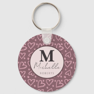 Custom Name Monogram Initial Doodle Hearts  Key Ring