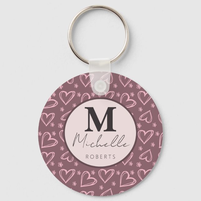 Custom Name Monogram Initial Doodle Hearts  Key Ring (Front)