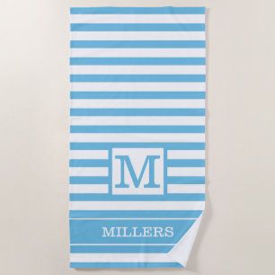 Custom Name Monogram Light Blue And White Striped Beach Towel