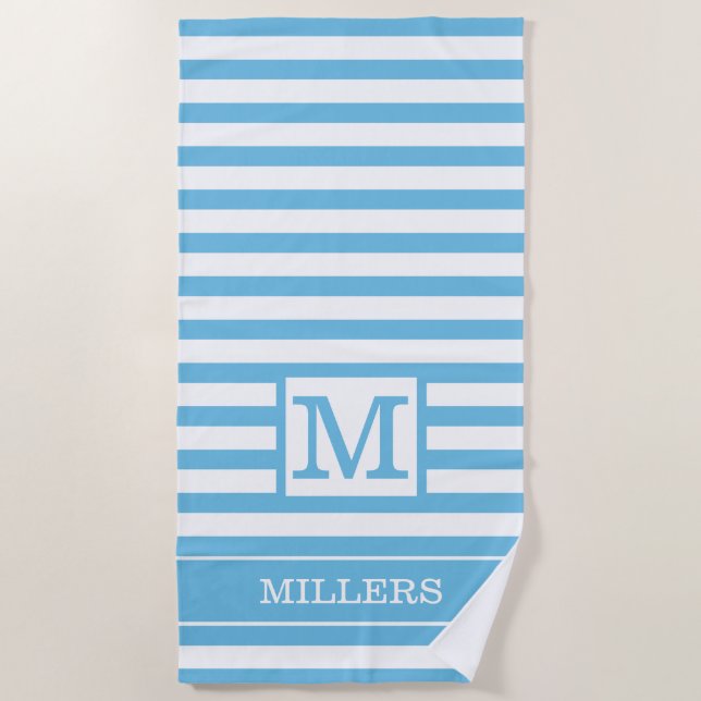 Custom Name Monogram Light Blue And White Striped  Beach Towel (Front)