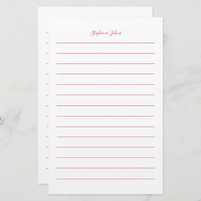Custom Name Monogram Lined Pink White Girly Stationery (Front/Back)