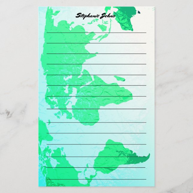 Custom Name Monogram Lined World Map Green Blue Stationery (Front)