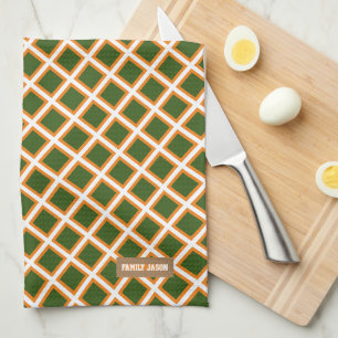 Custom name monogram modern orange green white kit tea towel