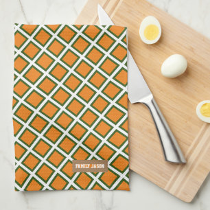 Custom name monogram modern orange green white tea towel