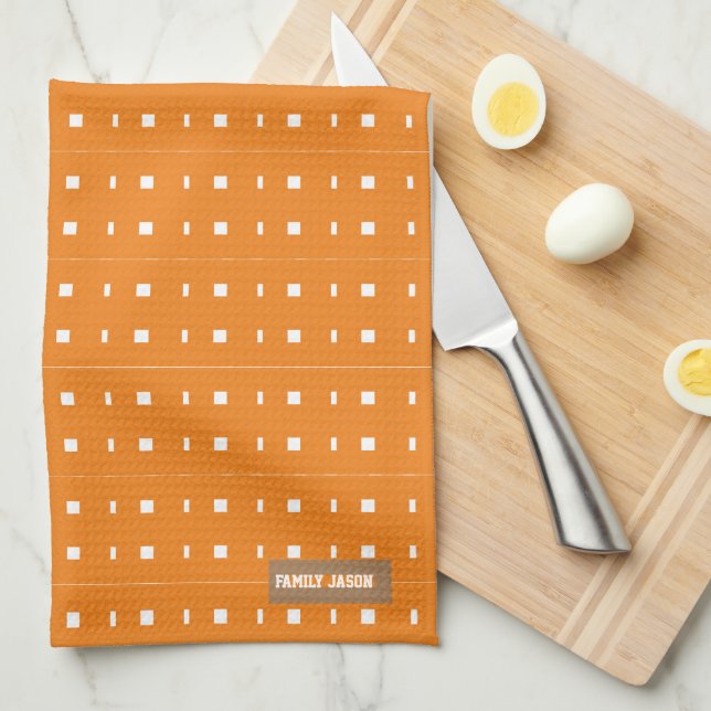 Custom name monogram modern pattern orange white tea towel (Quarter Fold)