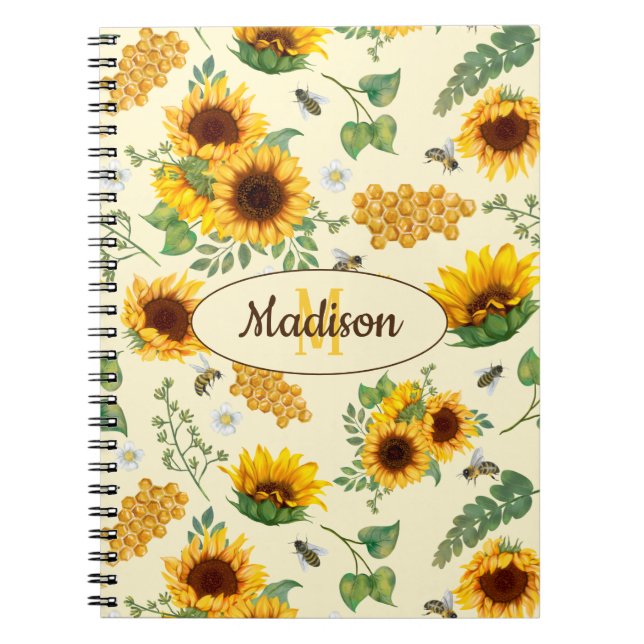 Custom Name Monogram Notebook Sunflowers Honey Bee (Front)