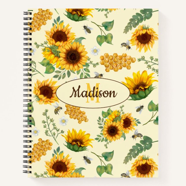 Custom Name Monogram Notebook Sunflowers Honey Bee (Front)